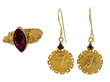 925 SILVER 24K GOLD JEWELRY EARRINGS AND RUBY RING