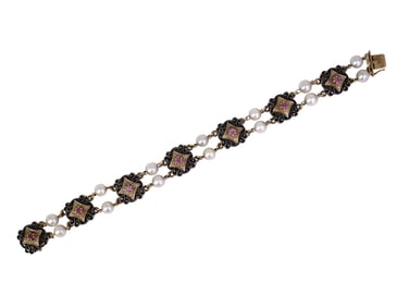 VINTAGE 18K AND STERLING SILVER GEMSTONE BRACELET