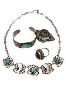 A LOT OF SILVER RING BRACELET AND PLATED NECKLACE