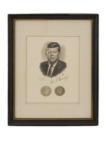 VTG JOHN F. KENNEDY PORTRAIT AND TWO HALF DOLLAR COINS