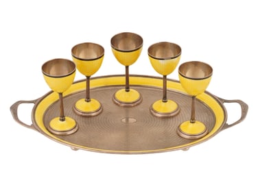 EUROPEAN SILVER GUILLOCHE ENAMEL GLASSES AND TRAY