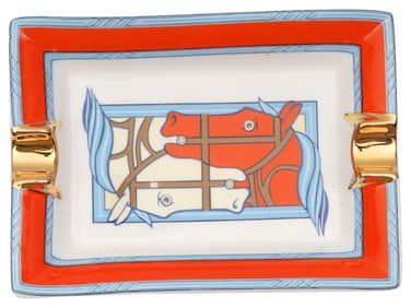 FRENCH HERMES QUADRIGE HORSE  PORCELAIN ASHTRAY