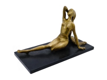 VINTAGE BRASS SCULPTURE OF WOMAN ON STONE BASE