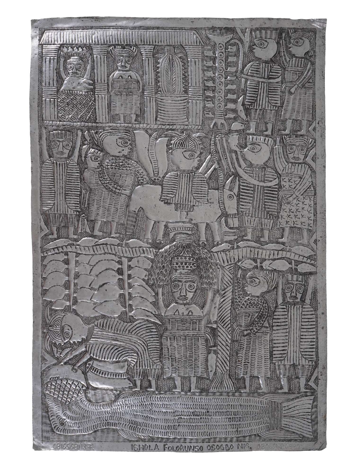 ISHOLA FOLORUNSO ARTWORK ALUMINUM PANEL 16 HEAD LAMPS: An artwork on an aluminum panel titled Sixteen Head Lamps Festival by Ishola Folorunso, 1949 to 2021, a septuagenarian Nigerian artist renowned for his mastery of beaten metal form. Widely exhibited y