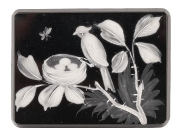 ANTIQUE BLACK ONYX AND ENAMEL BIRD W NEST PLAQUE