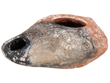 ANCIENT BYZANTINE OIL LAMP W CROSS 200 TO 400 AD