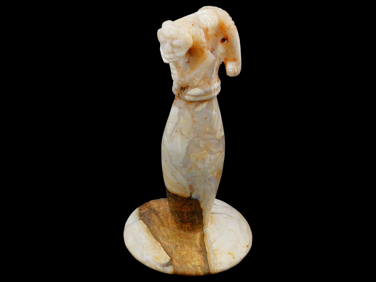 ANCIENT PRE COLUMBIAN TAINO ALABASTER FIGURINE: An ancient Mesoamerican hand-carved alabaster sculpture. Presumably Taino culture. Handle-shaped piece with a mixed anthropomorphic and zoomorfic finial. Pre Columbian Historical Artifacts, Collectibl