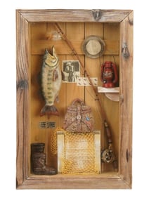 FISHING MEMORABILIA IN WOODEN BOX ARTWORK DECOR