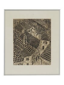 MID CENTURY PRINT OF A DETAILED CITYSCAPE VIEW