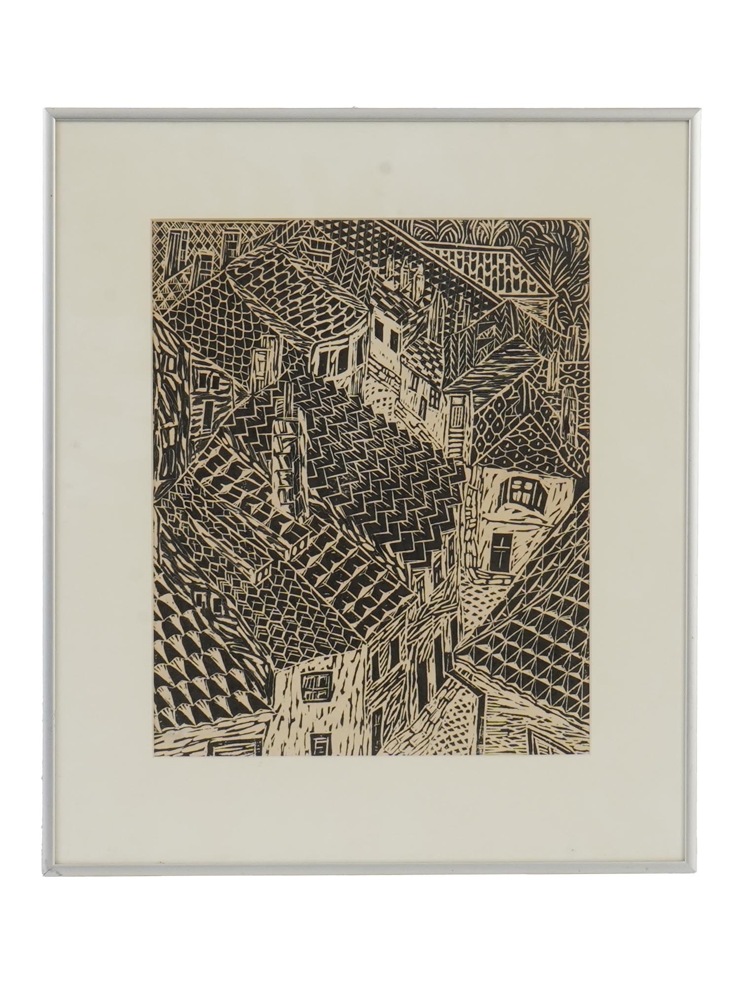 MID CENTURY PRINT OF A DETAILED CITYSCAPE VIEW: A mid-century print depicting a detailed cityscape view, rendered with strong architectural lines and period style. The artwork is presented matted and framed, enhancing its display quality and preser