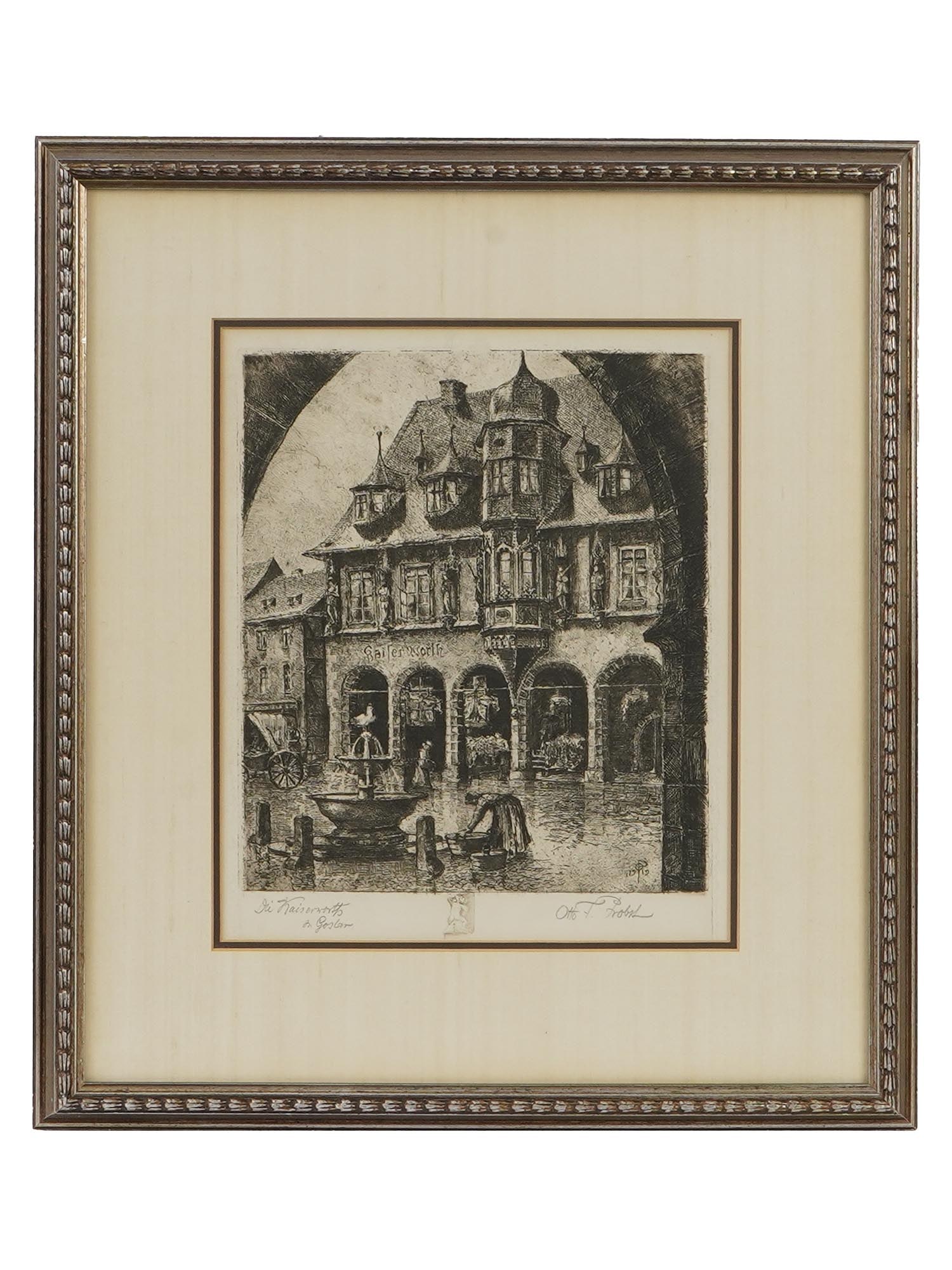 ANTIQUE ETCHING ON PAPER BY OTTO FERDINAND PROBST: An antique etching on paper by Otto Ferdinand Probst, 1865 to 1923, a German artist, draftsman and architect. The artwork features a city landscape with a fountain and a genre scene. Inscribed in Germ