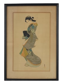 ANTIQUE JAPANESE COLOR WOODBLOCK PRINT GEISHA PORTRAIT