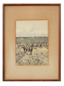 ANTIQUE US TROOPERS MOUNTED HAND COLOR MILITARY PRINT