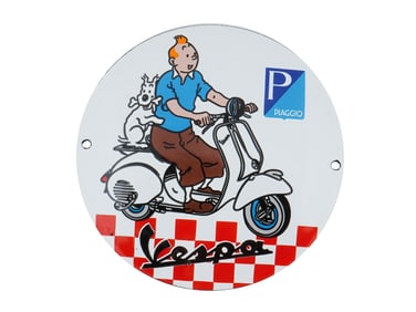 VINTAGE VESPA PIAGGIO TINTIN ENAMEL TIN METAL SIGN