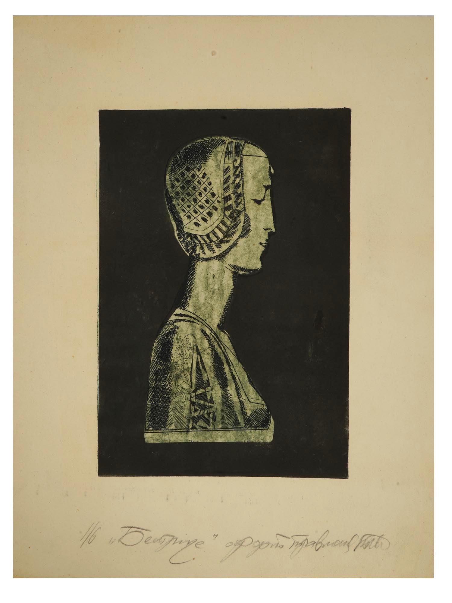 RUSSIAN ETCHING ON PAPER OF BEATRICE PORTRAIT SIGNED: A Russian etching on paper depicting a womans bust in profile. Signed lower in the center in Cyrillic, titled Beatrice. The woman is shown wearing a head covering or cap with a geometric pattern, and