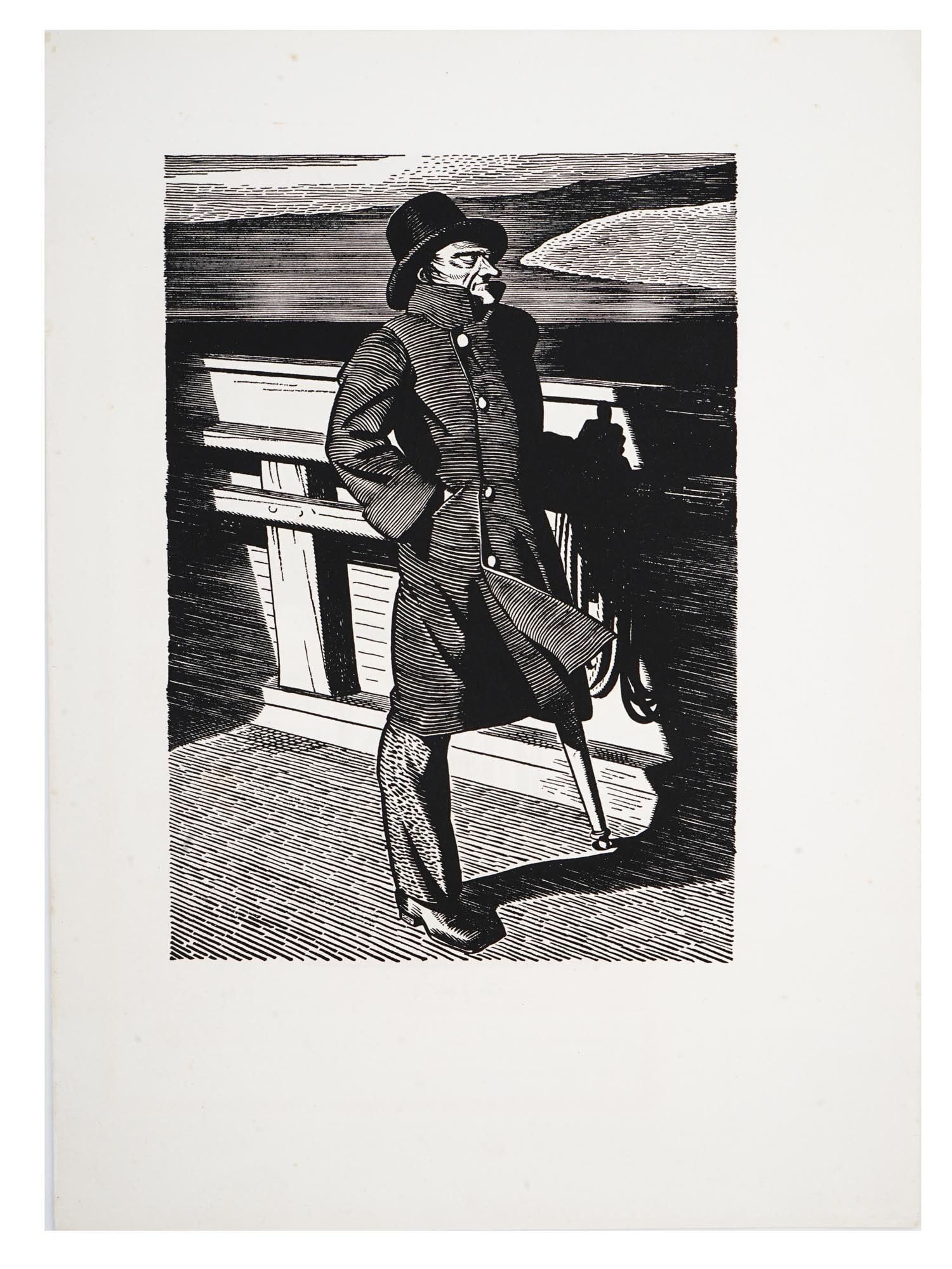 WOODCUT PRINTS MOBY DICK ILLUSTRATION BY ROCKWELL KENT: Rockwell Kent, American, 1882 to 1971, three three woodcut prints on two paper pages, illustrations from the book Moby Dick by Herman Melville. The illustrations depict portraits of Captain Ahab, and