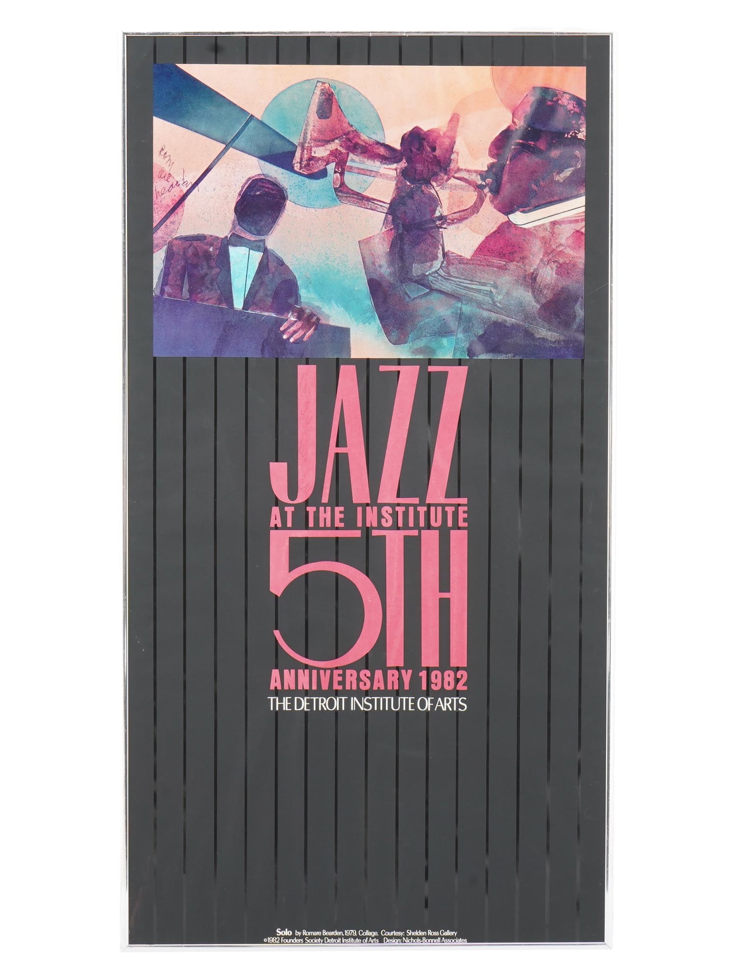 AMERICAN SIGNED POSTER BY ROMARE BEARDEN 1982: A vintage American signed Jazz at the Institute poster by Romare Bearden from 1982. The poster is for the 5th Anniversary of The Detroit Institute of Arts. The top portion features an abstract collage