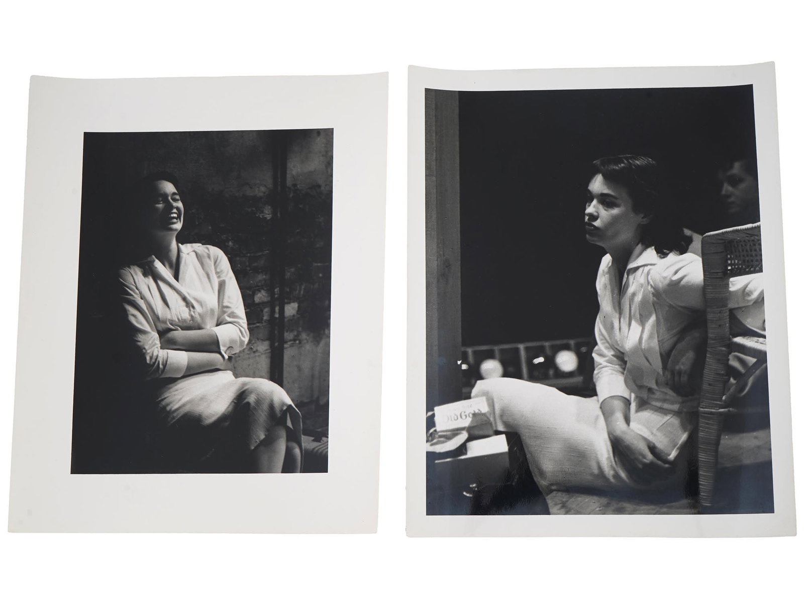 VINTAGE AMERICAN PHOTOS GLORIA LAURA VANDERBILT 1957: Two vintage American photos of Gloria Laura Vanderbilt, an American artist, author, actress, fashion designer, heiress, and socialite, taken by Jack Rosen at the Bristol Theatre in 1957. Include credi