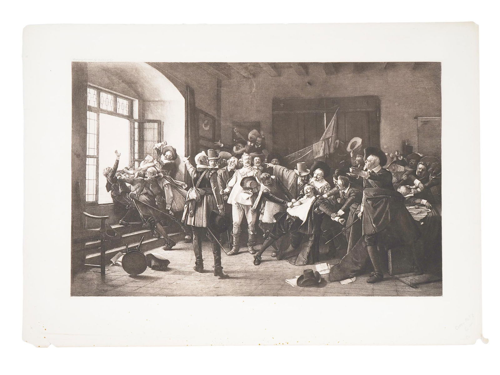 ANTIQUE CZECH PHOTOGRAVURE AFTER VACLAV VON BROZIK: A Gebbie and Husson Co photogravure, The Third Defenestration of Prague, depicting Bohemian protestants throw imperial regents from a window of Prague Castle, precipitating the Thirty Years War; after