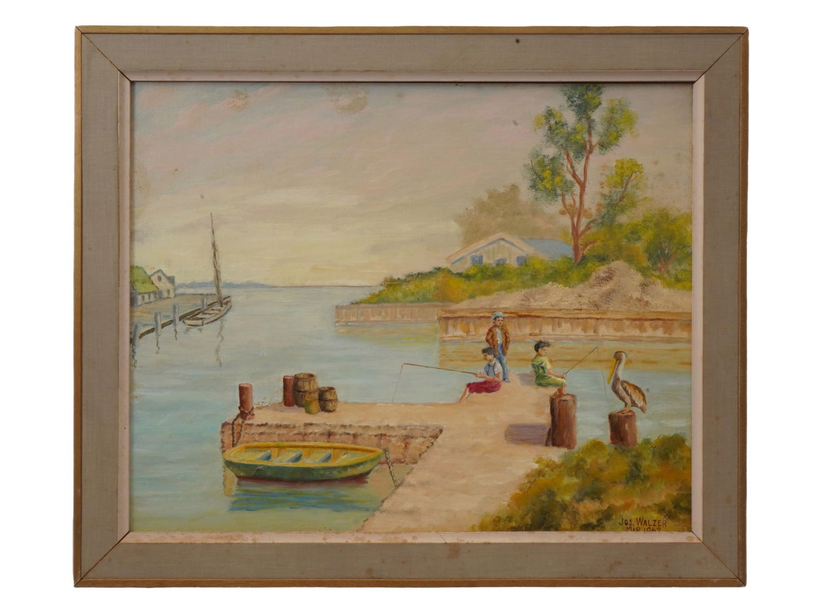MODERNIST GENRE SCENE OIL PAINTING BY JOSEPH WALZER: Joseph Walzer, a 20th century artist, an oil painting on board depicting a rural port genre scene. Signed and dated 1962, lower right. Framed. Mid century American and European Fine Art, Genre Scene O