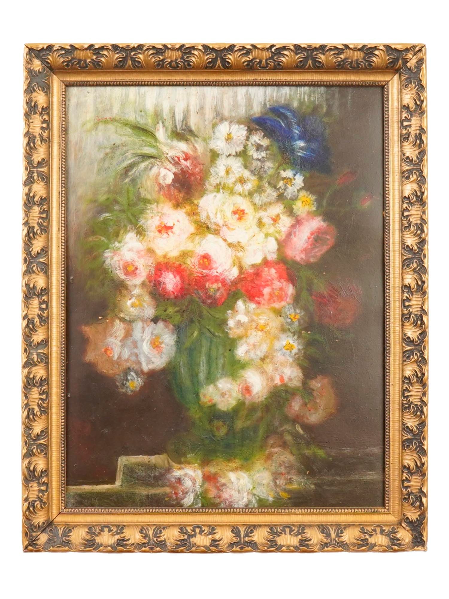 OIL PAINTING IN MANNER OF PIERRE AUGUSTE RENOIR: An oil painting on board depicting a still life with flowers in the manner of Pierre Auguste Renoir, French, 1841 to 1919. Signed upper left. Framed. Pierre Auguste Renoir was a French artist who was