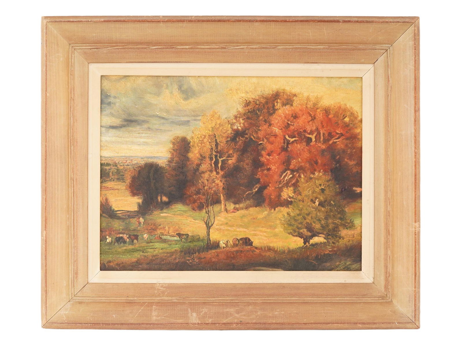 AFTER THEODORE CLEMENT STEELE LANDSCAPE PAINTING: In the style of Theodore Clement Steele, American, 1847 to 1926, oil painting on board depicting a rural landscape, 1910. Unsigned. Framed. Theodore Clement Steele was an American Impressionist painte