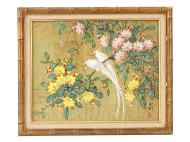 VTG ASIAN BIRDS AND BLOSSOMS MIXED MEDIA PAINTING