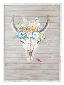 OIL PAINTING OF BOHEMIAN BULL SKULL WITH FLOWERS