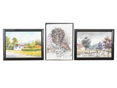 LOT OF WATERCOLOR AND PENCIL PAINTINGS SIGNED FRAMED