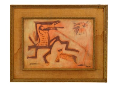 MID CENTURY MIXED MEDIA PAINTING BY HENRY EDION 1958