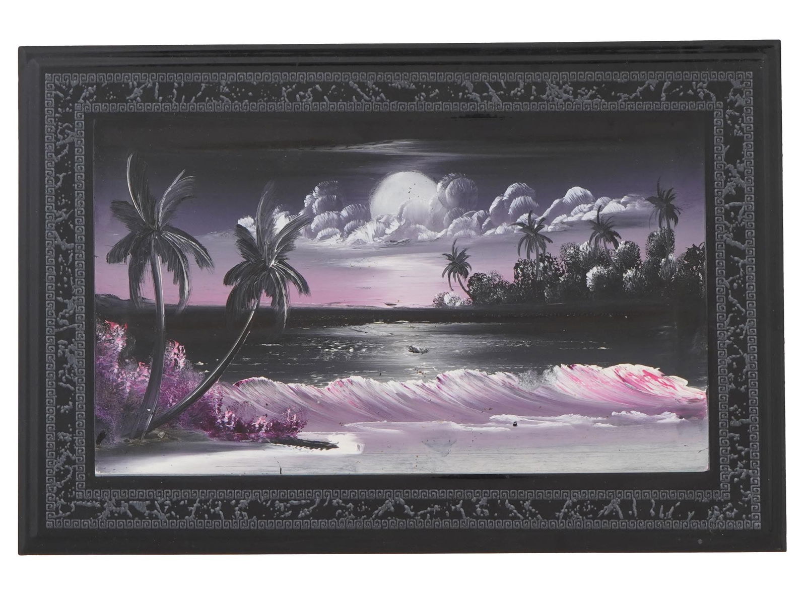 MEXICAN HAND PAINTED TERRACOTTA TILE PALM TREES: A black hand-painted terracotta tile from Mexico, depicting a tropical island scene with palm trees. Unsigned. Vintage Mexican Decorative Tiles And Collectibles. THIS LOT IS ELIGIBLE FOR A 30-