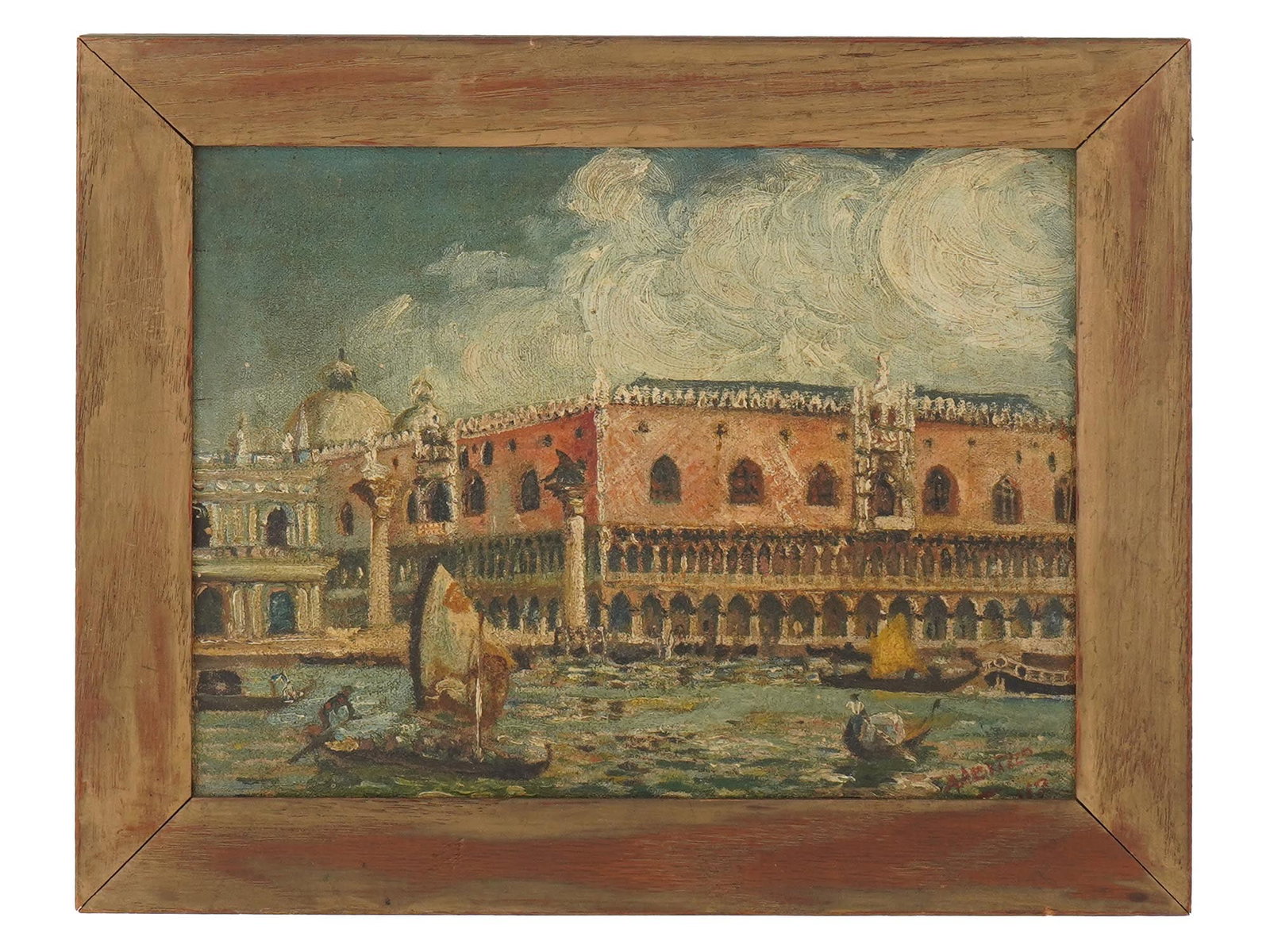 ITALIAN VENETIAN CITYSCAPE PALAZZO DUCALE OIL PAINTING: An Italian oil on canvas painting, depicting a Venetian cityscape with the Palazzo Ducale. Signed lower right. The painting is framed by a wooden frame. The artwork features the iconic Palazzo Ducale,