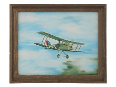 VINTAGE BRITISH MILITARY BIPLANE PAINTING OIL BY BARRIE