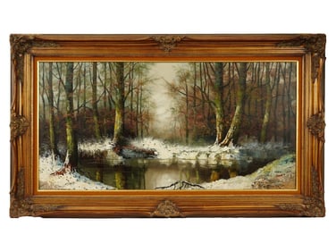 WINTER FOREST LANDSCAPE OIL PAINTING SIGNED BY BRUER