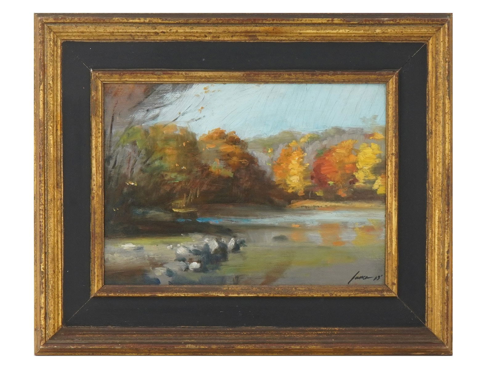AMERICAN OIL LANDSCAPE PAINTING BY FRANK JANKA: A vintage American oil on board landscape painting by Frank Janka. The painting titled Riverview depicts an autumn landscape in warm colors. Signed by the artist and dated 1953 lower right. Framed. A
