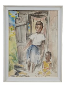 AMERICAN WATERCOLOR PAINTING WOMAN WITH A CHILD