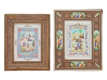 PAIR OF PERSIAN MINIATURE PAINTINGS ON NATURAL PANEL