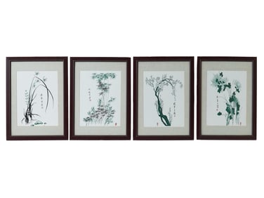 LOT OF 4 CHINESE BOTANICAL PAINTINGS ON PORCELAIN