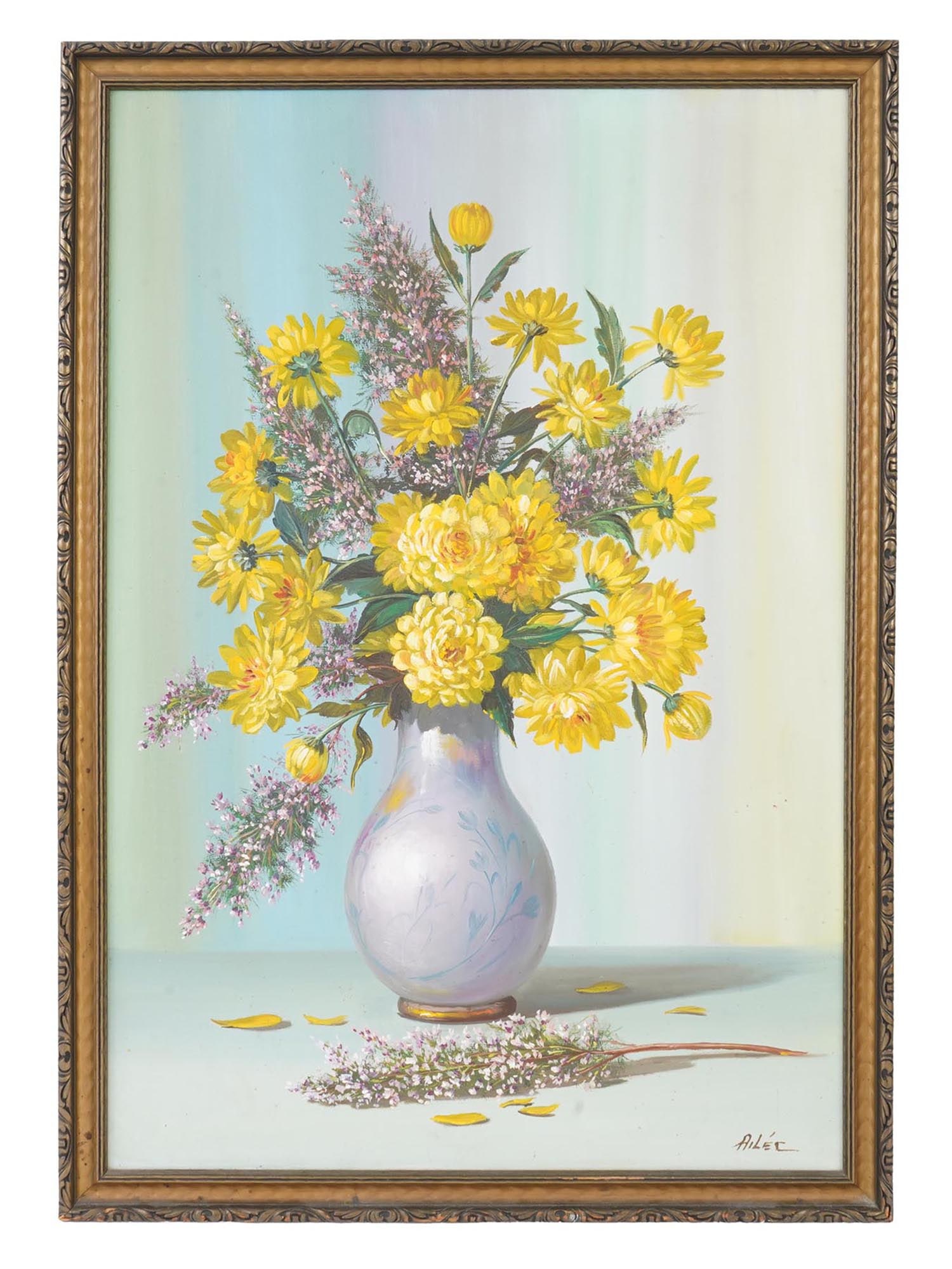 VINTAGE OIL ON CANVAS STILL LIFE PAINTING BY AILEC: A vintage oil on canvas still life painting by Ailec. Circa the late 20th century. The painting depicts an elegant light vase with lush yellow and purple flowers. Signed by the artist lower right. Fra