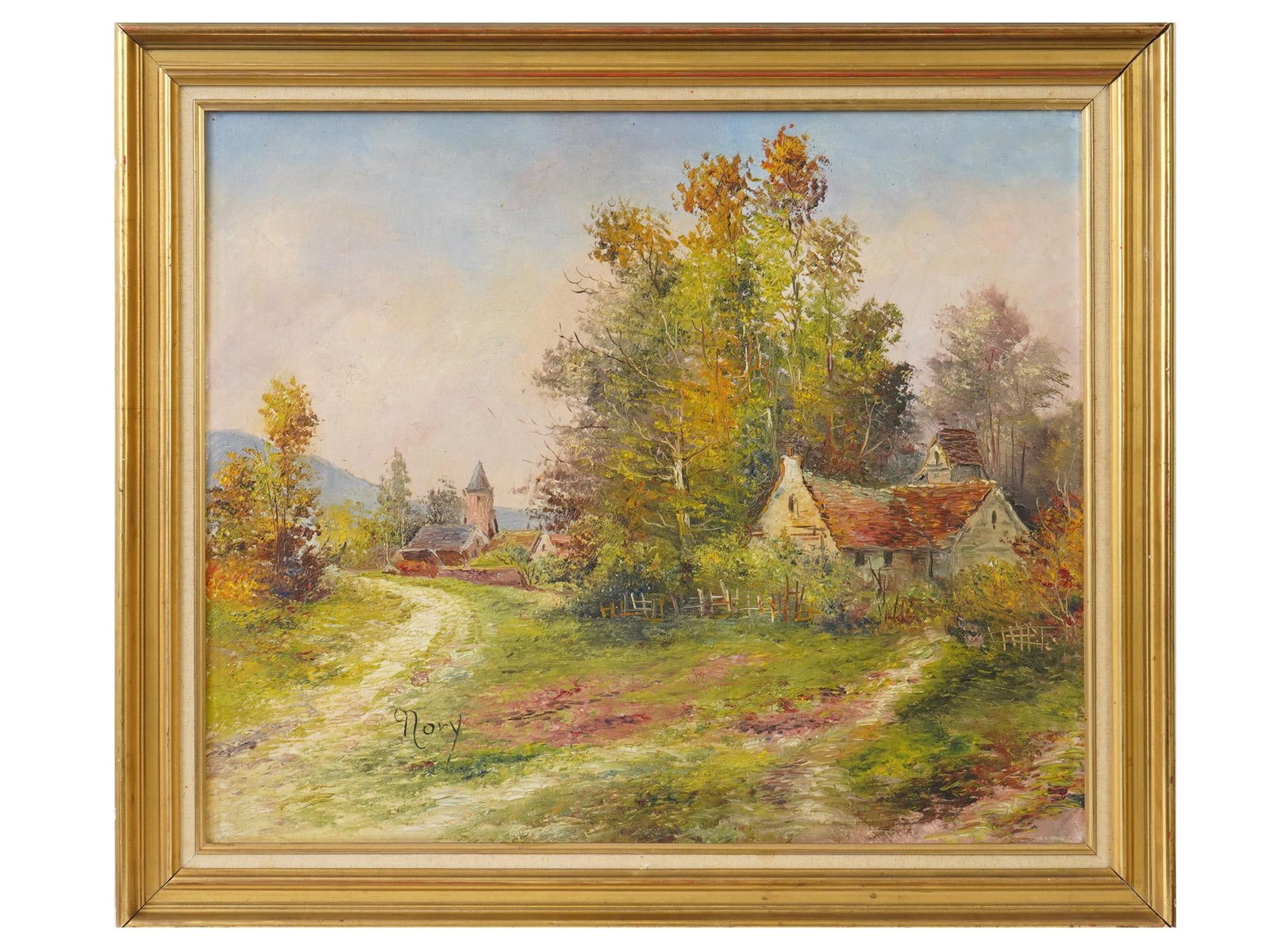 VINTAGE RURAL LANDSCAPE OIL PAINTING SIGNED NORY: Oil on canvas painting. American, mid to late 20th century. The artwork depicts a view of old cottage houses. Signed by the artist in the lower left, Nory. Framed. Collectible Fine Art And Wall Decor.