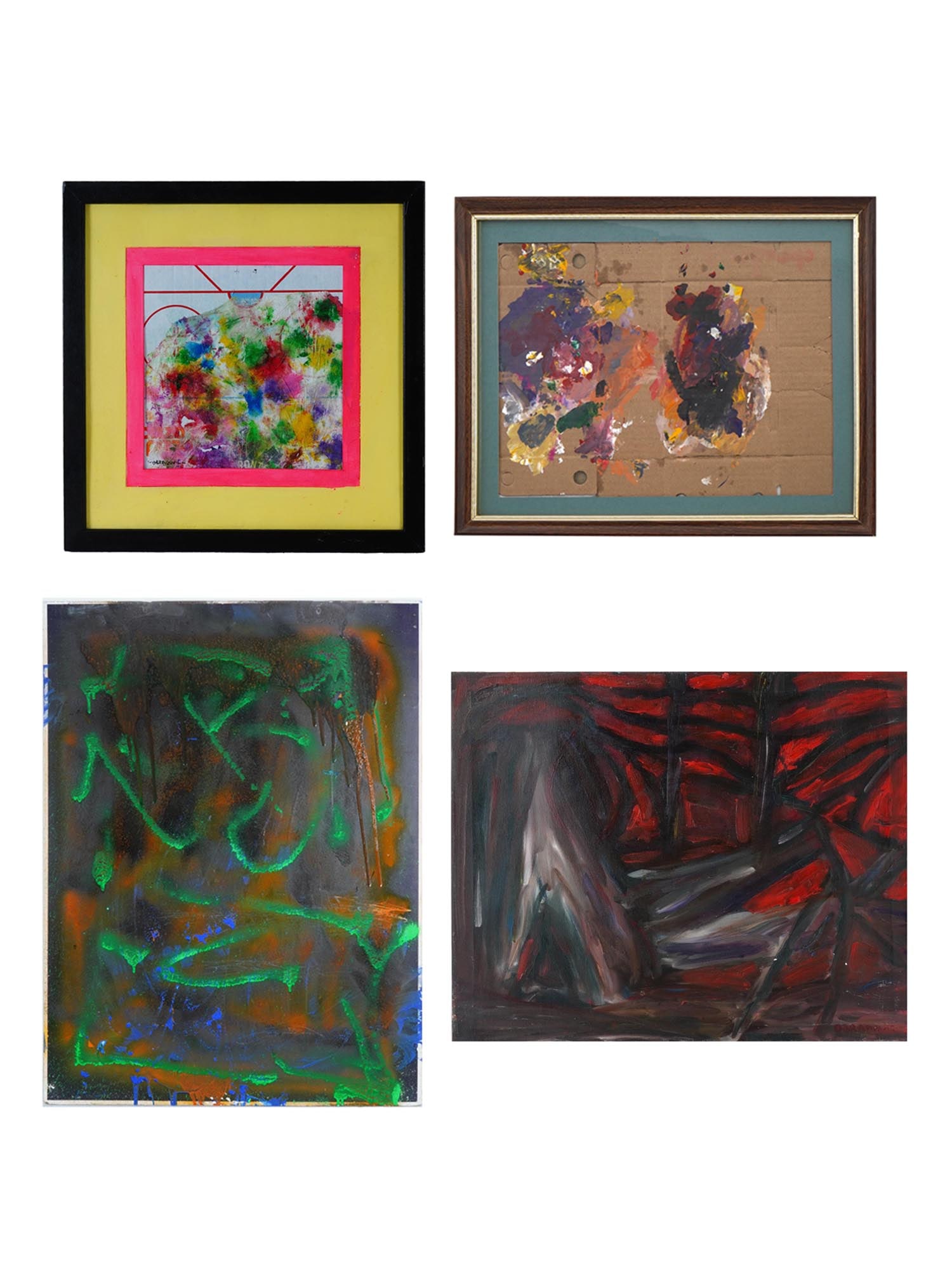 CANADIAN MIXED MEDIA PAINTING BY JUSTIN OBRADOVIC: Justin Obradovic, Canadian, born 1989, a collage mixed media painting on cardboard depicting an Abstract Expressionist composition. Signed lower left. Framed. Additionally signed, dated, 20125, stampe