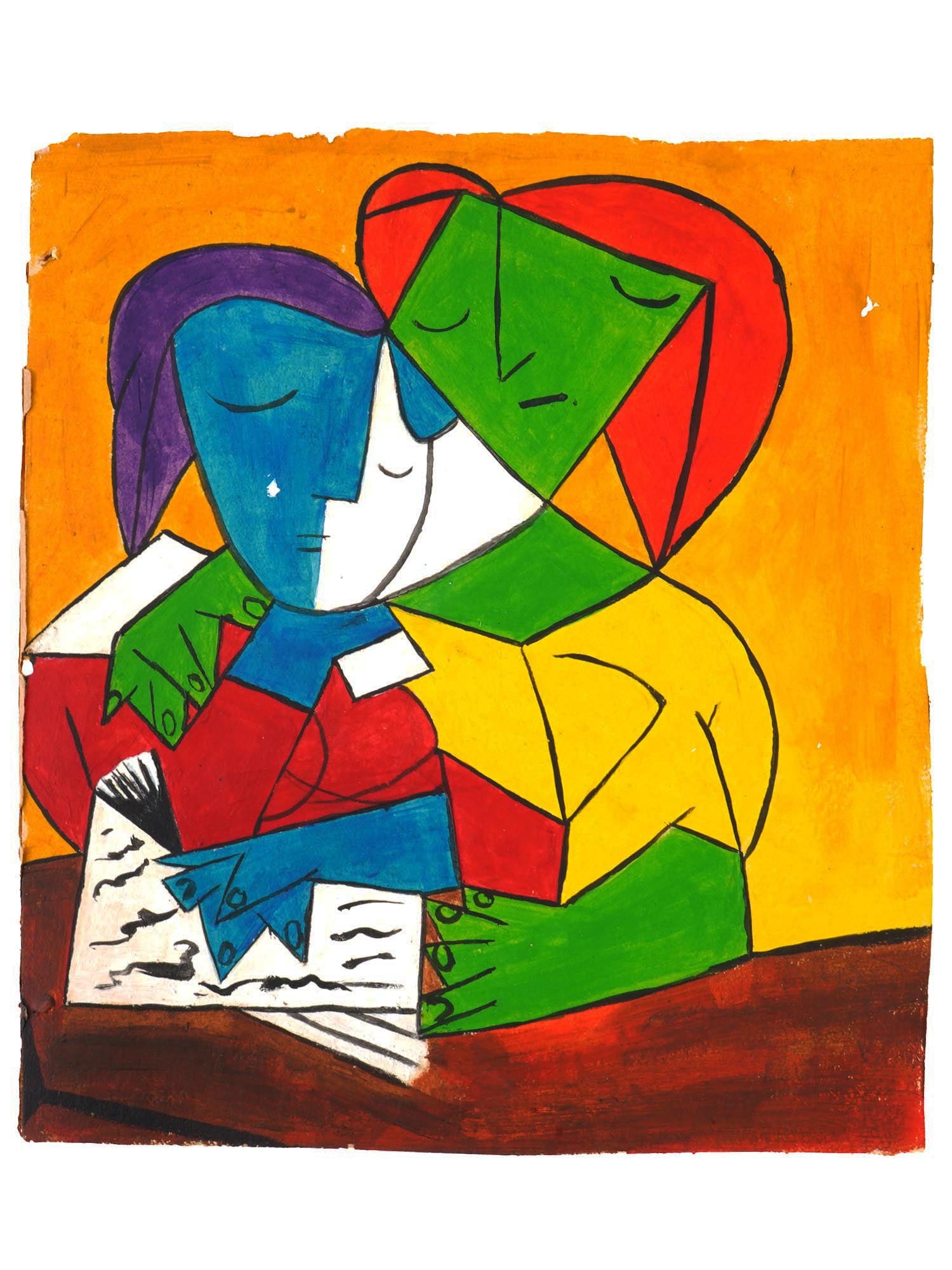 TWO GIRLS READING PAINTING AFTER PABLO PICASSO: A painting on cardboard titled Two Girls Reading after Pablo Picasso, 1881 to 1973, a Spanish Modernist artist. The original artwork was created in 1934. Since 1994, it has been at the University of M