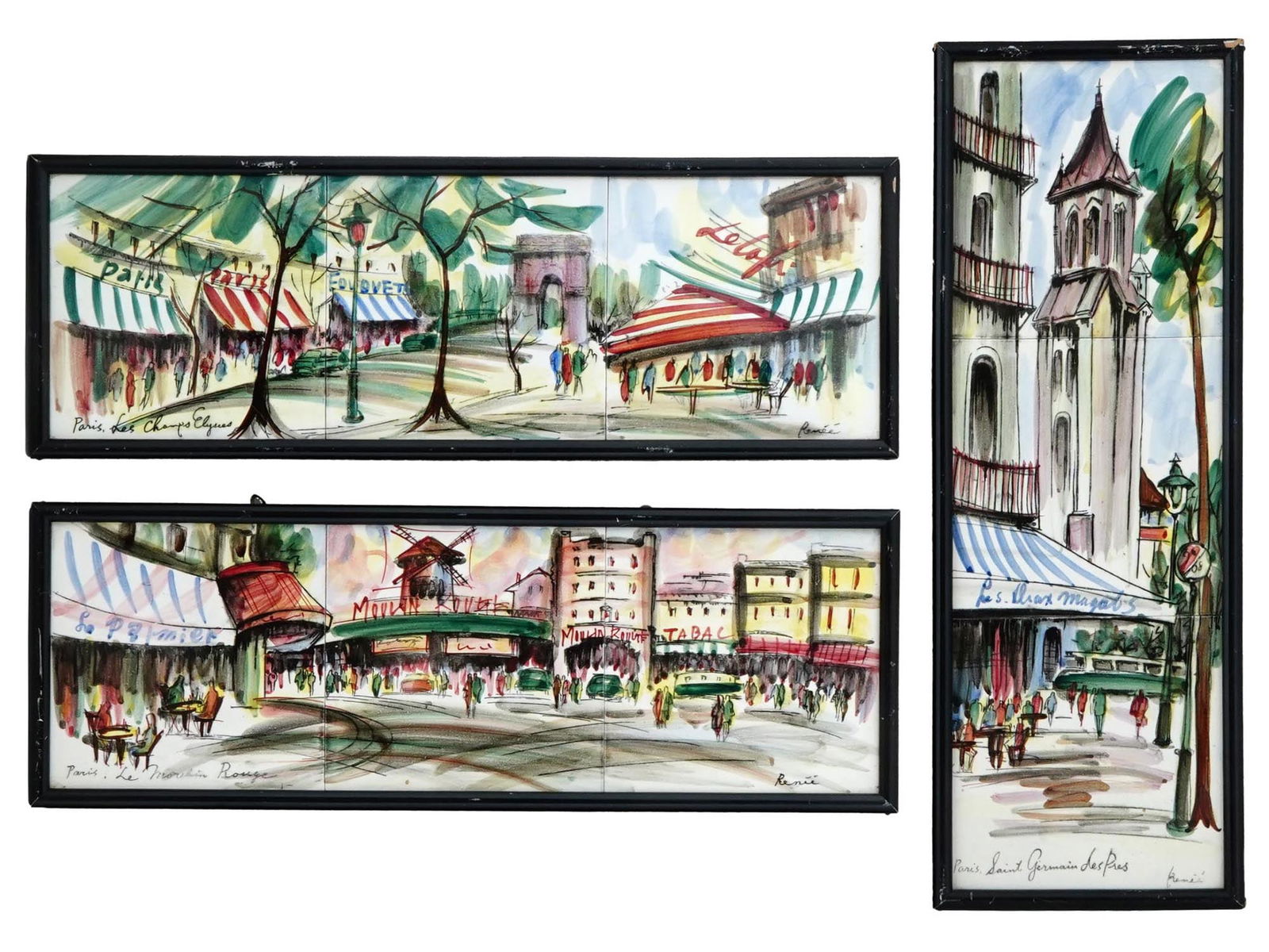 VINTAGE FRENCH PORCELAIN PANELS SIGNED RENEE: This is a lot of three hand-painted tile panels, each signed by Renee on the lower right. The first is titled Paris, Les Champs-ElysEess, the second is titled Paris, Le Moulin Rouge, and the third rea