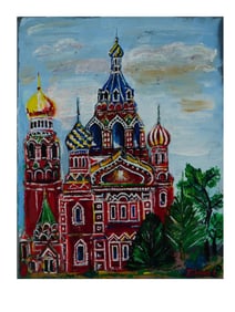 RUSSIAN TEMPLE ACRYLIC PAINTING SIGNED BY ARTIST