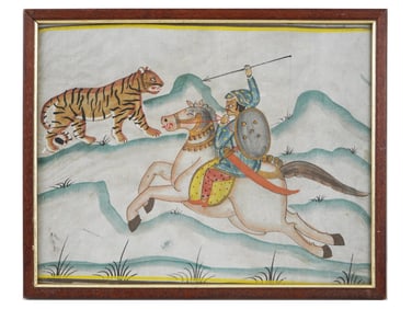 ANTIQUE INDIAN MUGHAL SILK PAINTING HUNTING SCENE