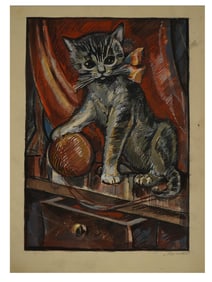 MIXED MEDIA PAINTING OF A CAT SIGNED BY THE ARTIST