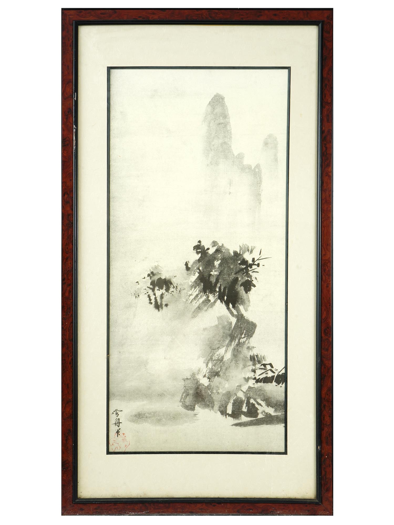 AFTER SESSHU TOYO JAPANESE INK ON PAPER PAINTING: After Sesshu Toyo, Japanese, 1420 to 1506 ink on paper after original The Broken Ink Landscape scroll, a splashed ink landscape painting on a hanging scroll, 1495, in the Muromachi period. It features