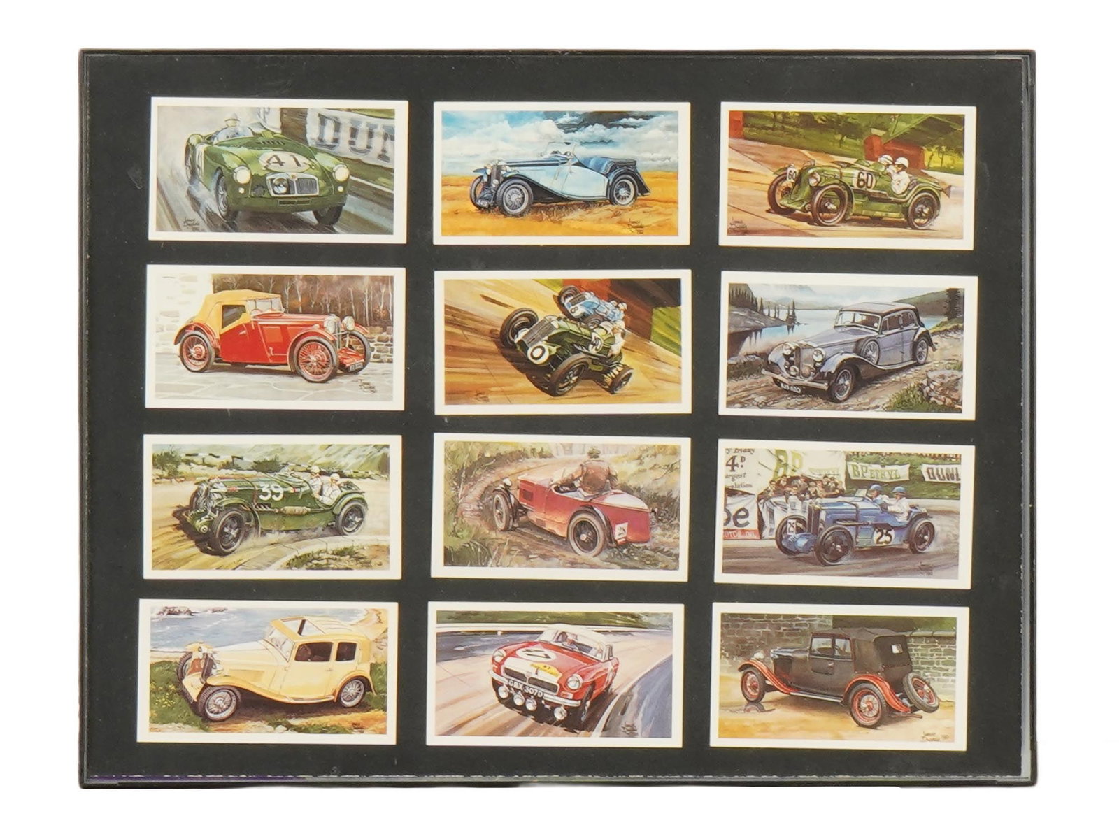 LOT OF TRADING CARDS WITH RETRO RACING CARS FRAMED: A group of 12 trading cards featuring color photos of retro racing cars. Framed together. Trading Cards, Automobiles, Car Collectibles. THIS LOT IS ELIGIBLE FOR A 30-DAY UNCONDITIONAL RETURN F