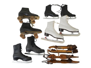LOT OF VINTAGE ICE SKATES AND ROLLER SKATES