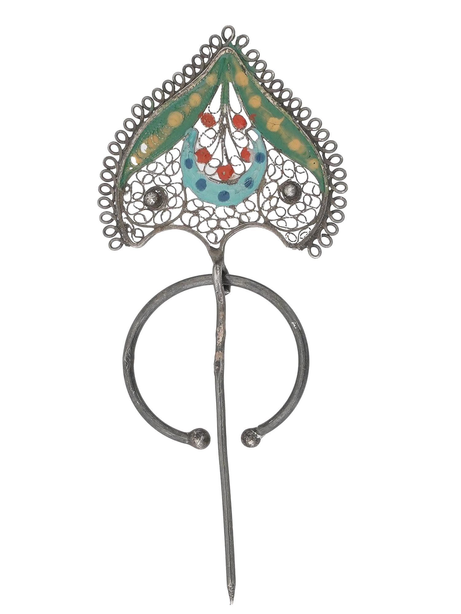 INDIAN SILVER AND HAND PAINTED ORNAMENTS FIBULA: An Indian Silver fibula. The fibula is adorned with polychrome hand enamel accents and decorated with pierced through elements. Marked with a Silver hallmark, and other marks. Vintage Indian Silver Fi